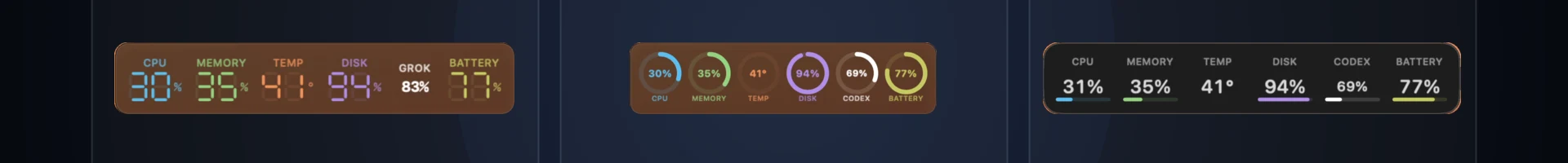 Three VoidNotch Floating Gauge appearances side by side: Seven Segment, Rings, and Glass