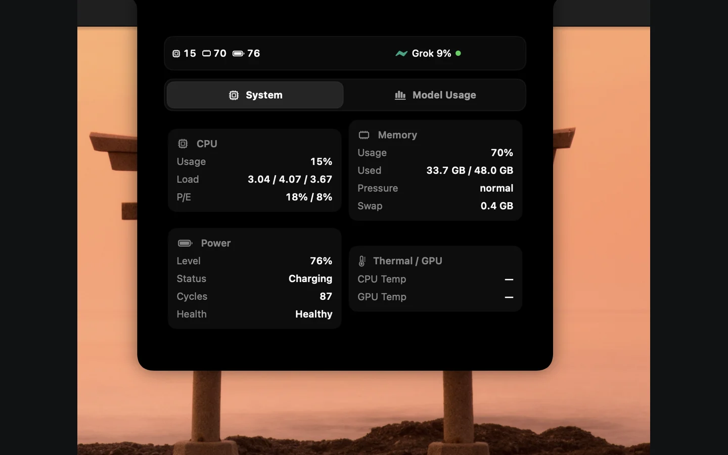 VoidNotch expanded System tab showing CPU load, memory pressure, swap, battery and thermal detail