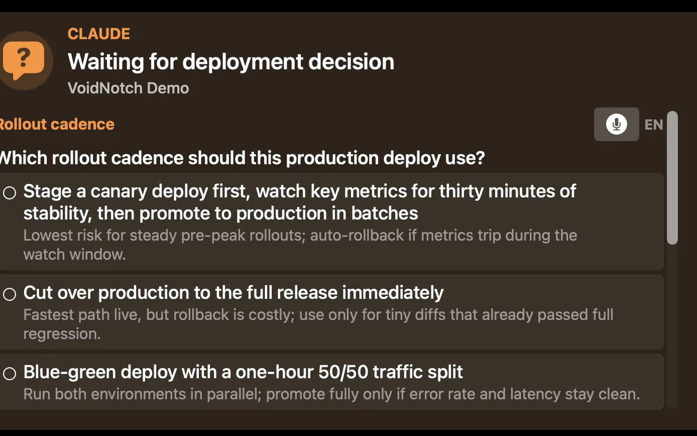 VoidNotch Pro answer card asking which rollout cadence a production deploy should use