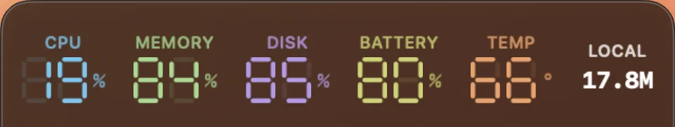 VoidNotch Floating Gauge showing CPU, memory, disk, battery, temperature, and local network