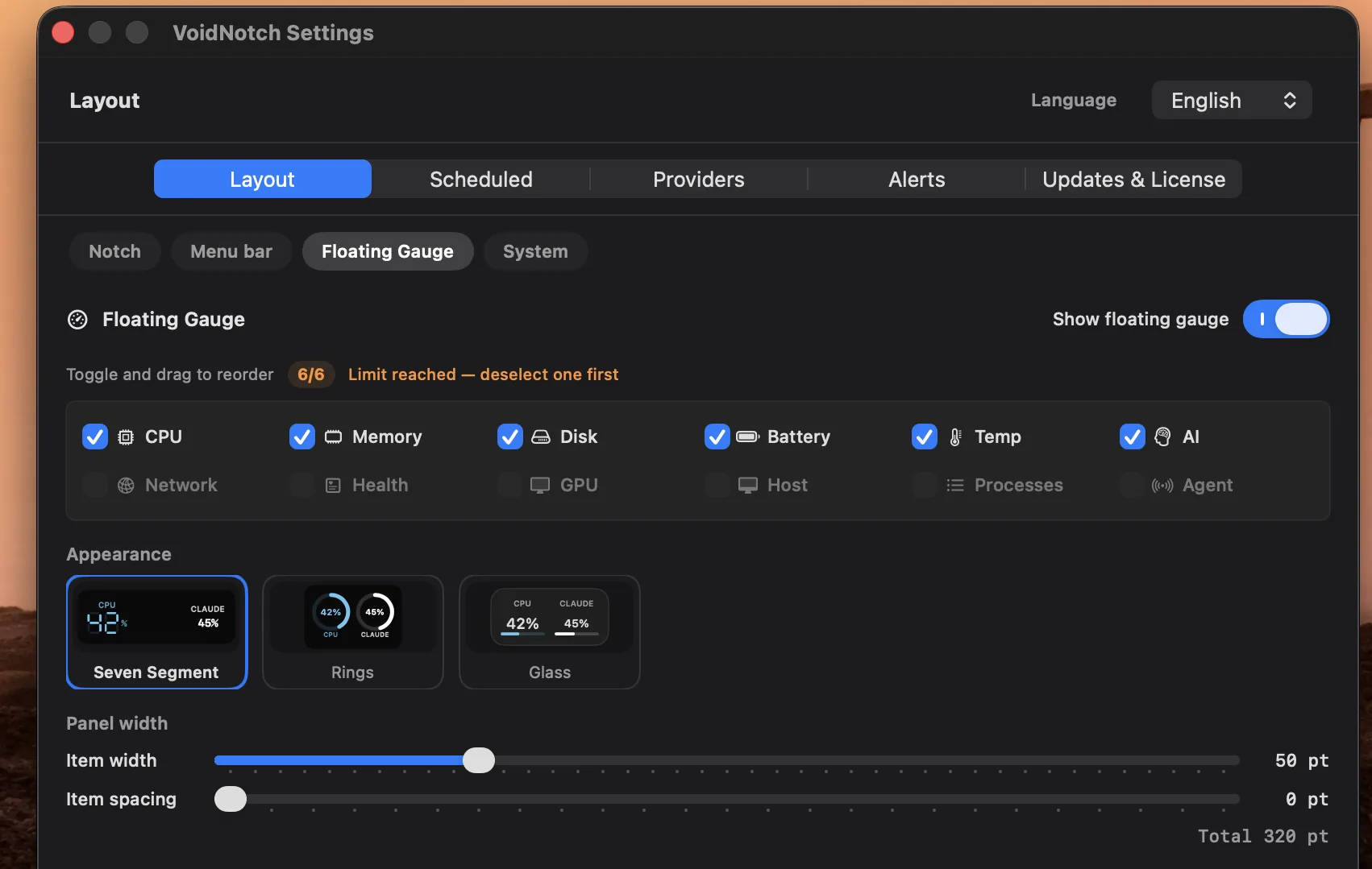 VoidNotch Settings showing three Floating Gauge appearances: Seven Segment, Rings, and Glass