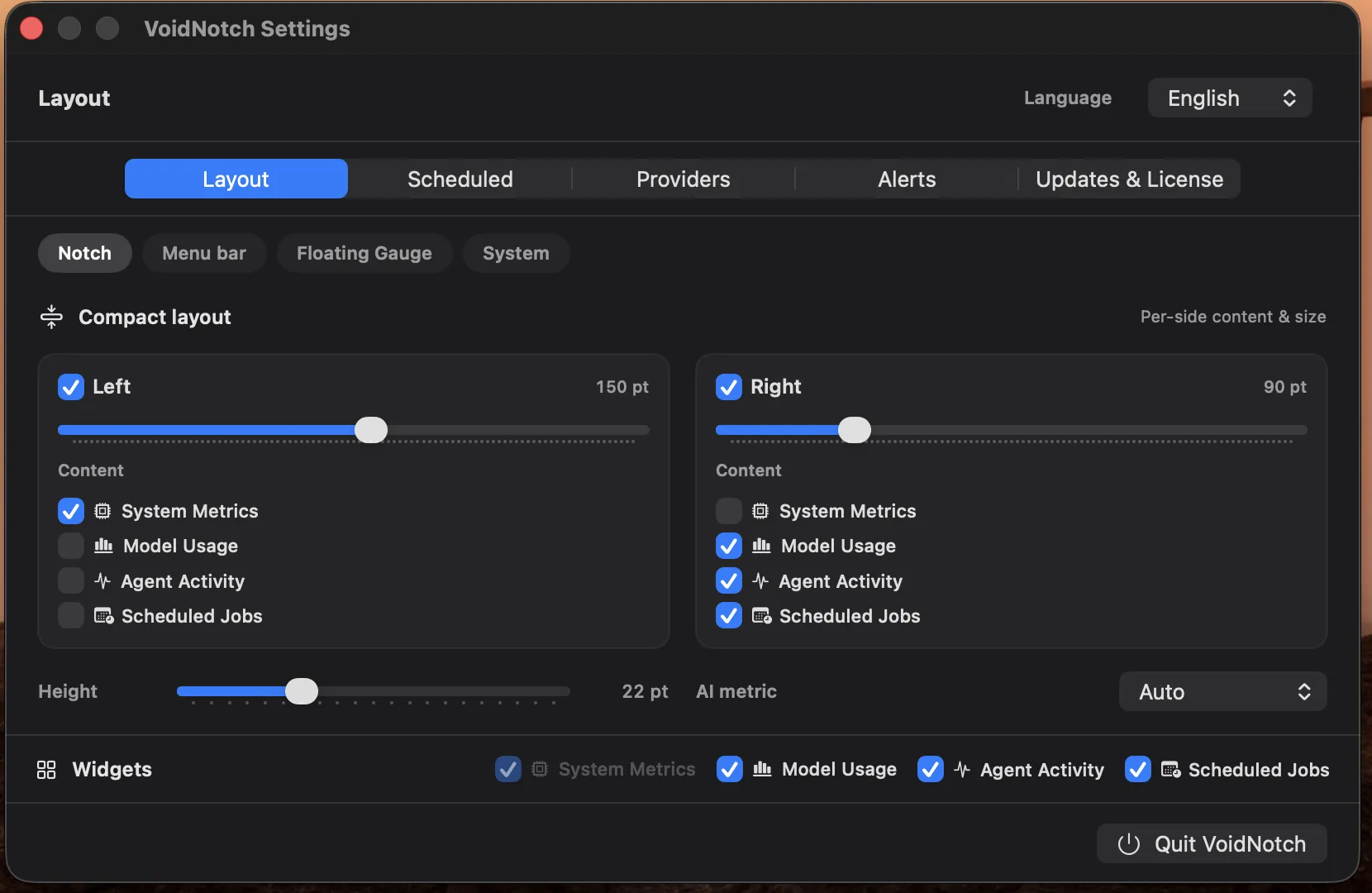 VoidNotch Settings, Layout tab, Notch compact layout with left and right sides